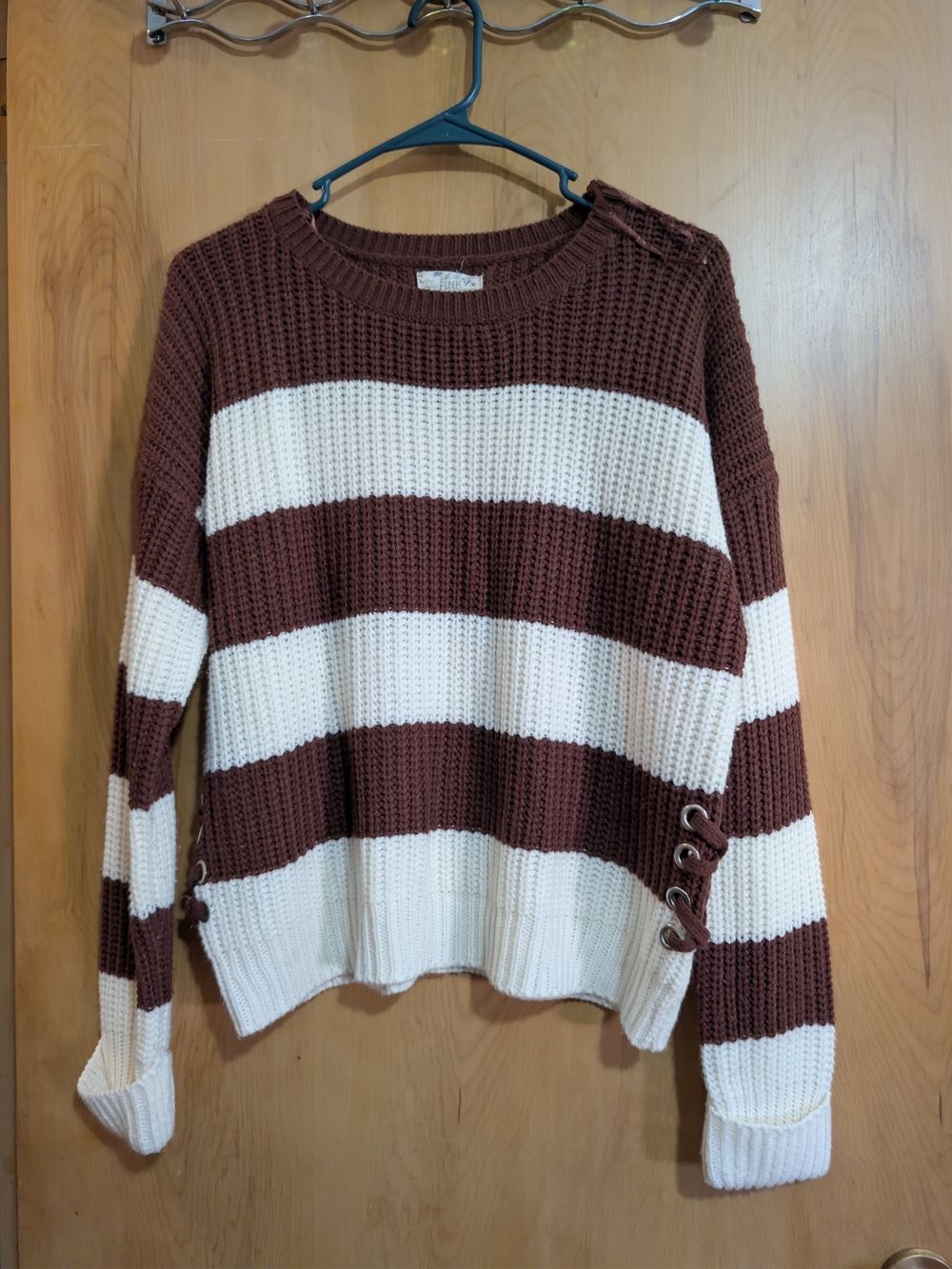 Pink Republic Brown & Cream Striped Crewneck Sweater with Side Lace-Up Eyelets